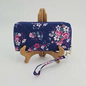 Floral Quilted Wallet Phone Holder Wristlet Purse Blue Pink